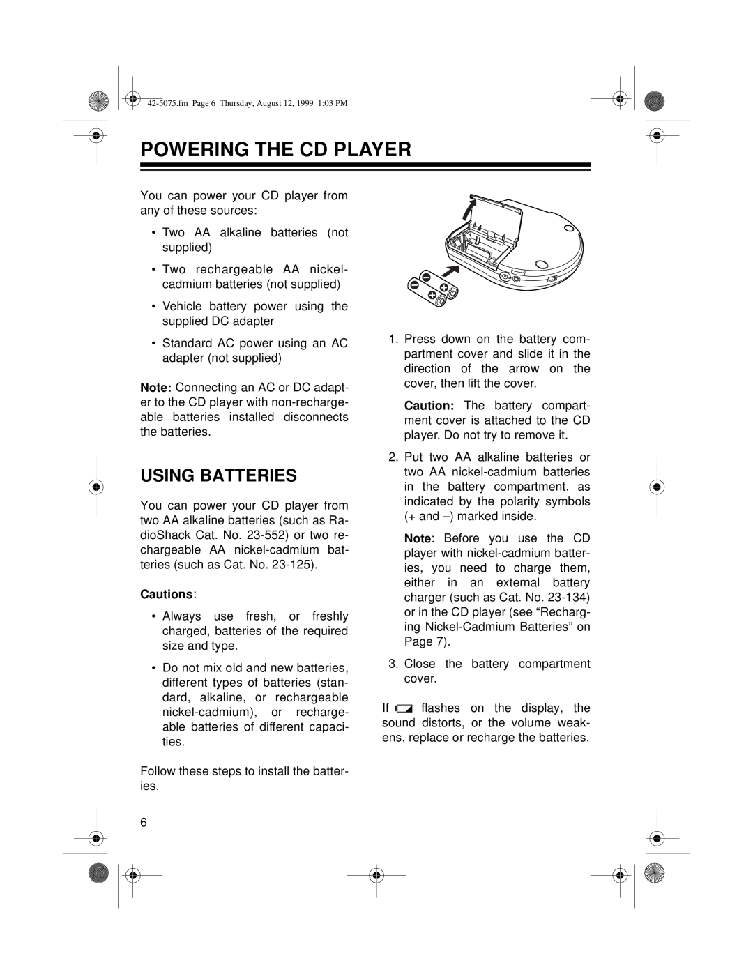 Optimus CD-3680 (42-5075), CD-3690 (42-5076) owner manual Powering The Cd Player, Using Batteries 