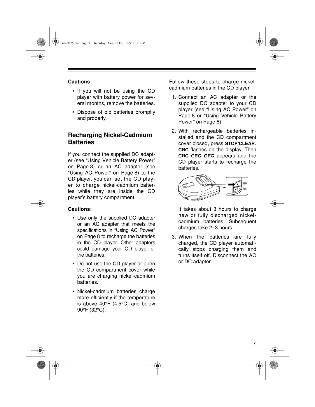 Optimus CD-3690 (42-5076), CD-3680 (42-5075) owner manual Recharging Nickel-CadmiumBatteries 