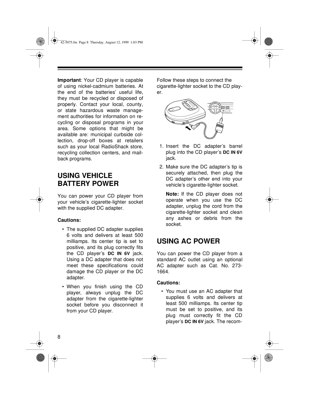 Optimus CD-3680 (42-5075), CD-3690 (42-5076) owner manual Using Vehicle Battery Power, Using Ac Power 
