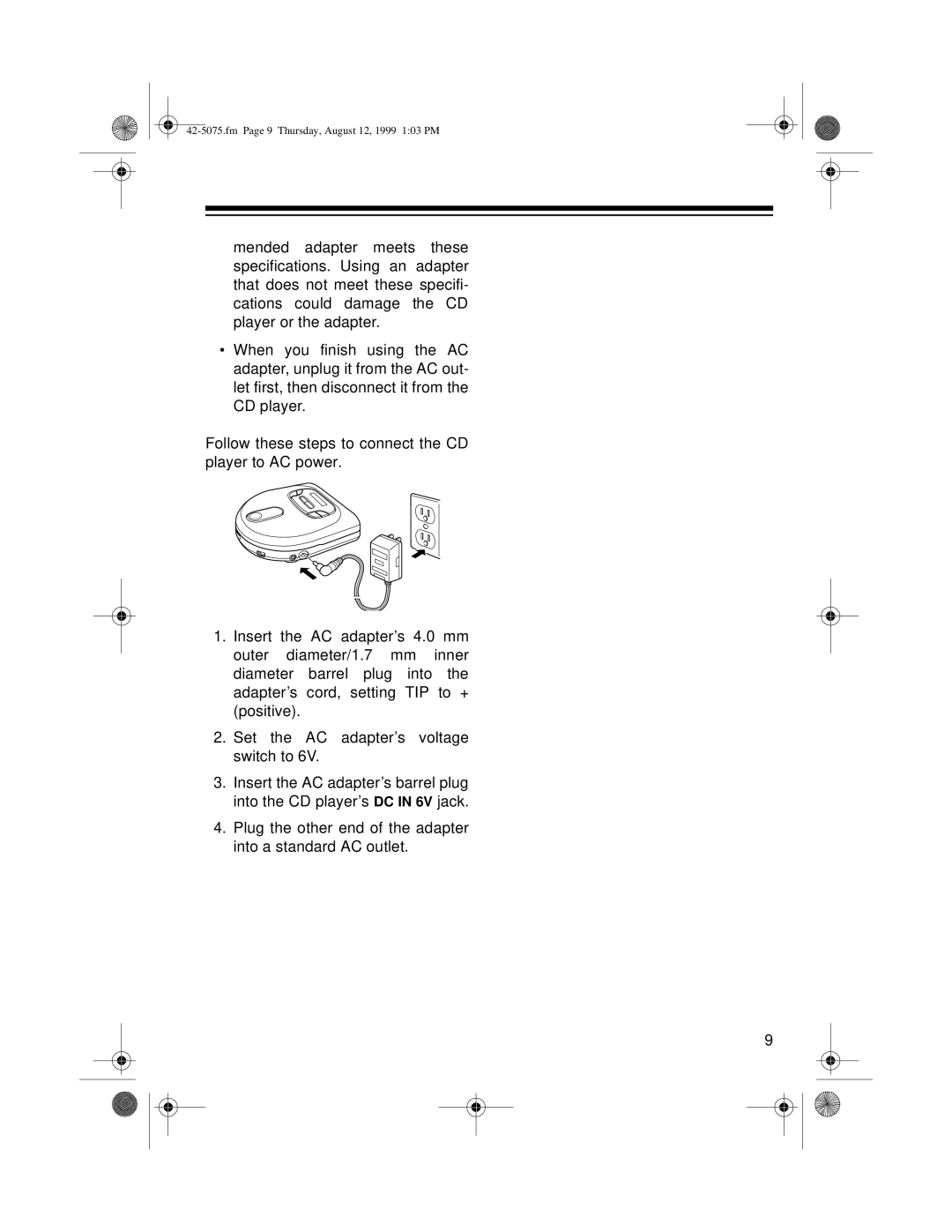 Optimus CD-3690 (42-5076), CD-3680 (42-5075) owner manual Set the AC adapter’s voltage switch to 