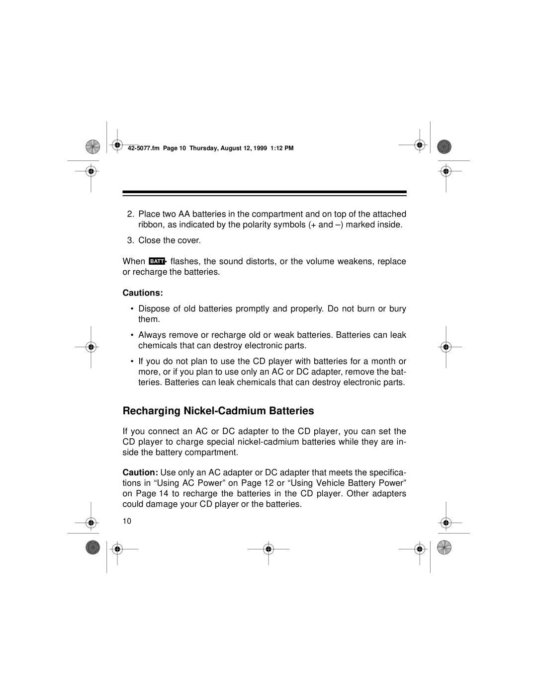 Optimus CD-3720 owner manual Recharging Nickel-Cadmium Batteries 