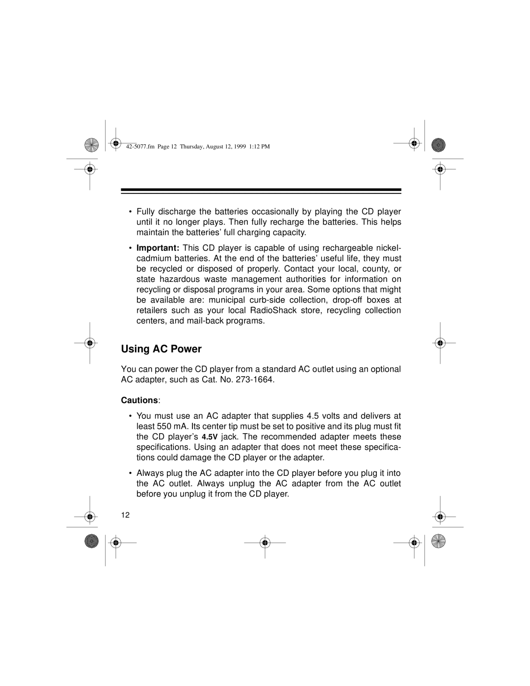 Optimus CD-3720 owner manual Using AC Power 