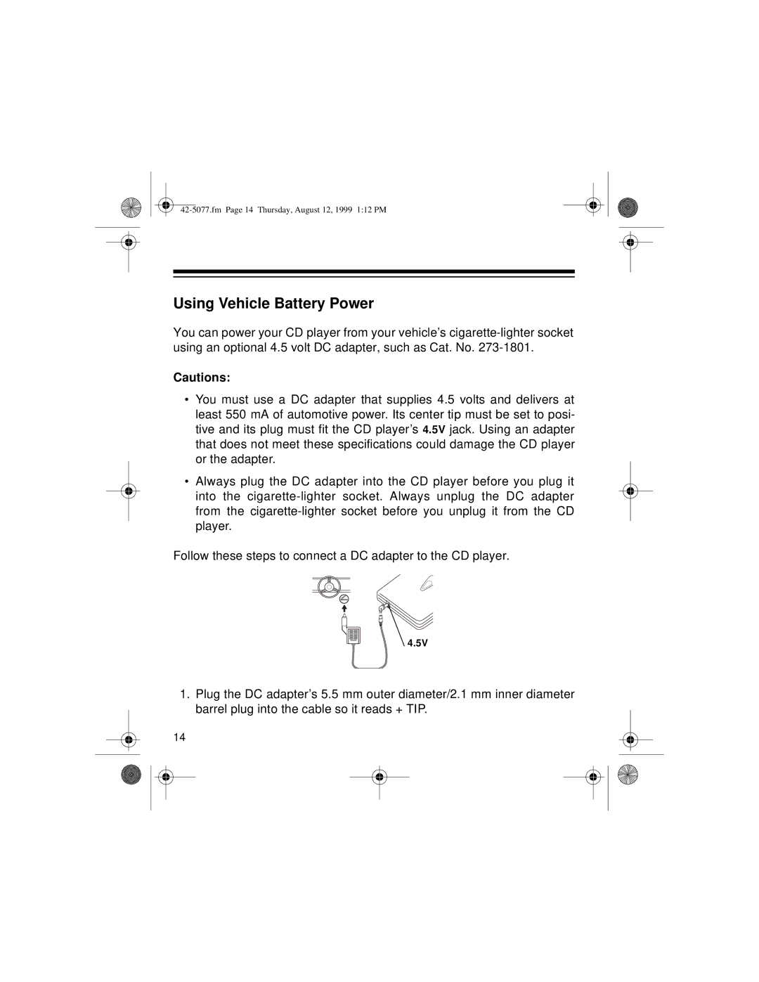 Optimus CD-3720 owner manual Using Vehicle Battery Power 