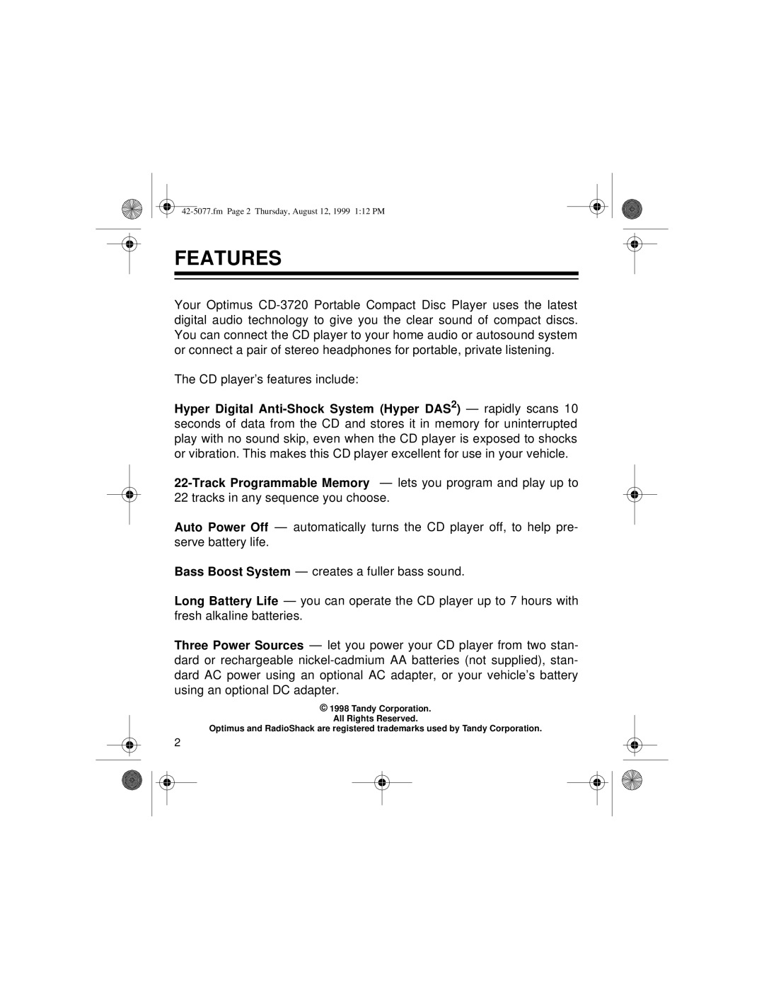 Optimus CD-3720 owner manual Features 