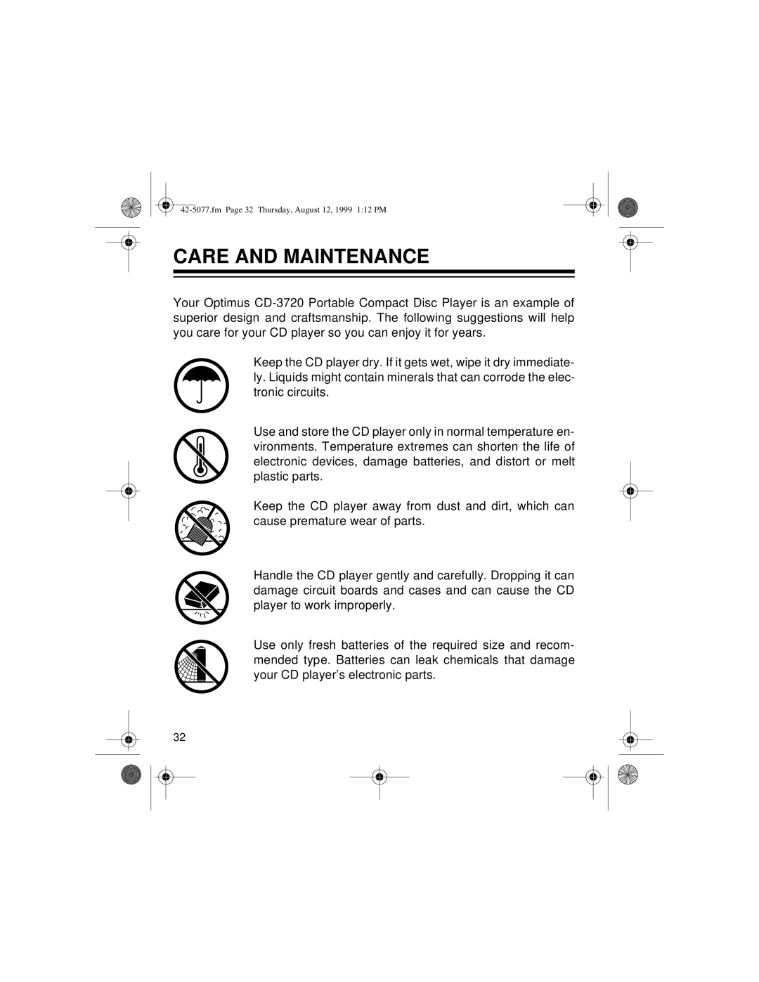 Optimus CD-3720 owner manual Care and Maintenance 