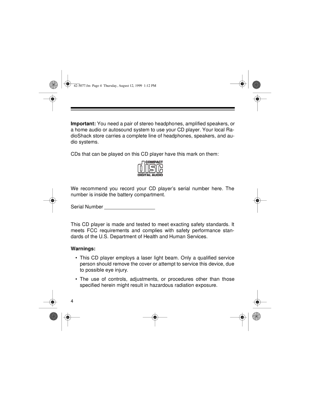 Optimus CD-3720 owner manual Fm Page 4 Thursday, August 12, 1999 112 PM 