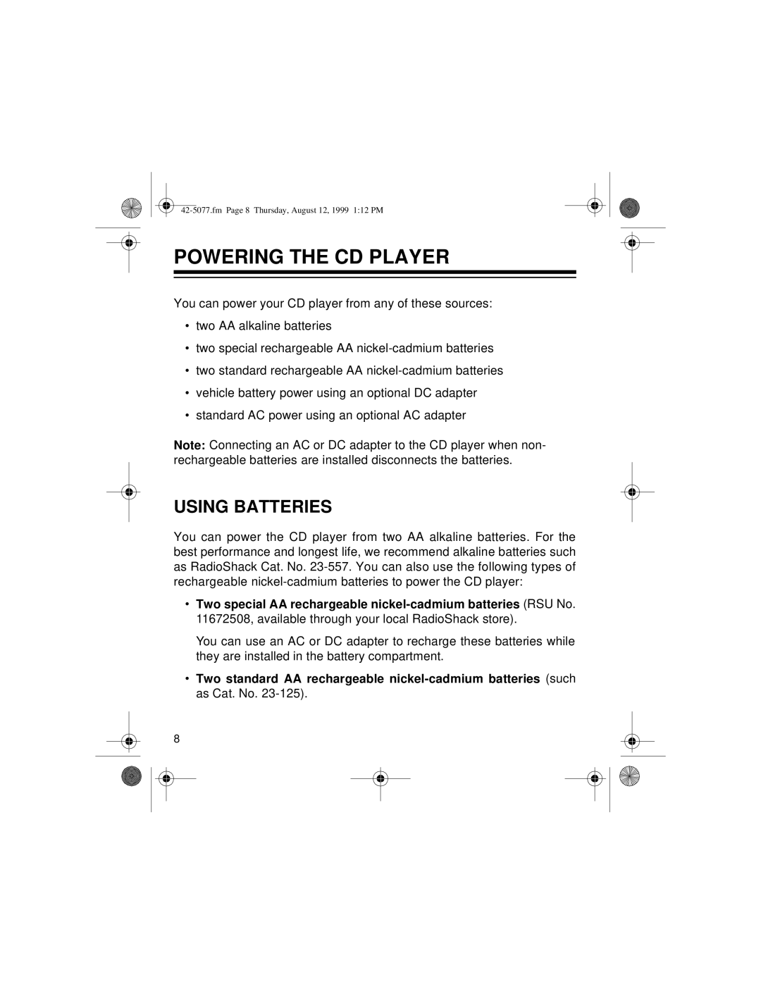 Optimus CD-3720 owner manual Powering the CD Player, Using Batteries 