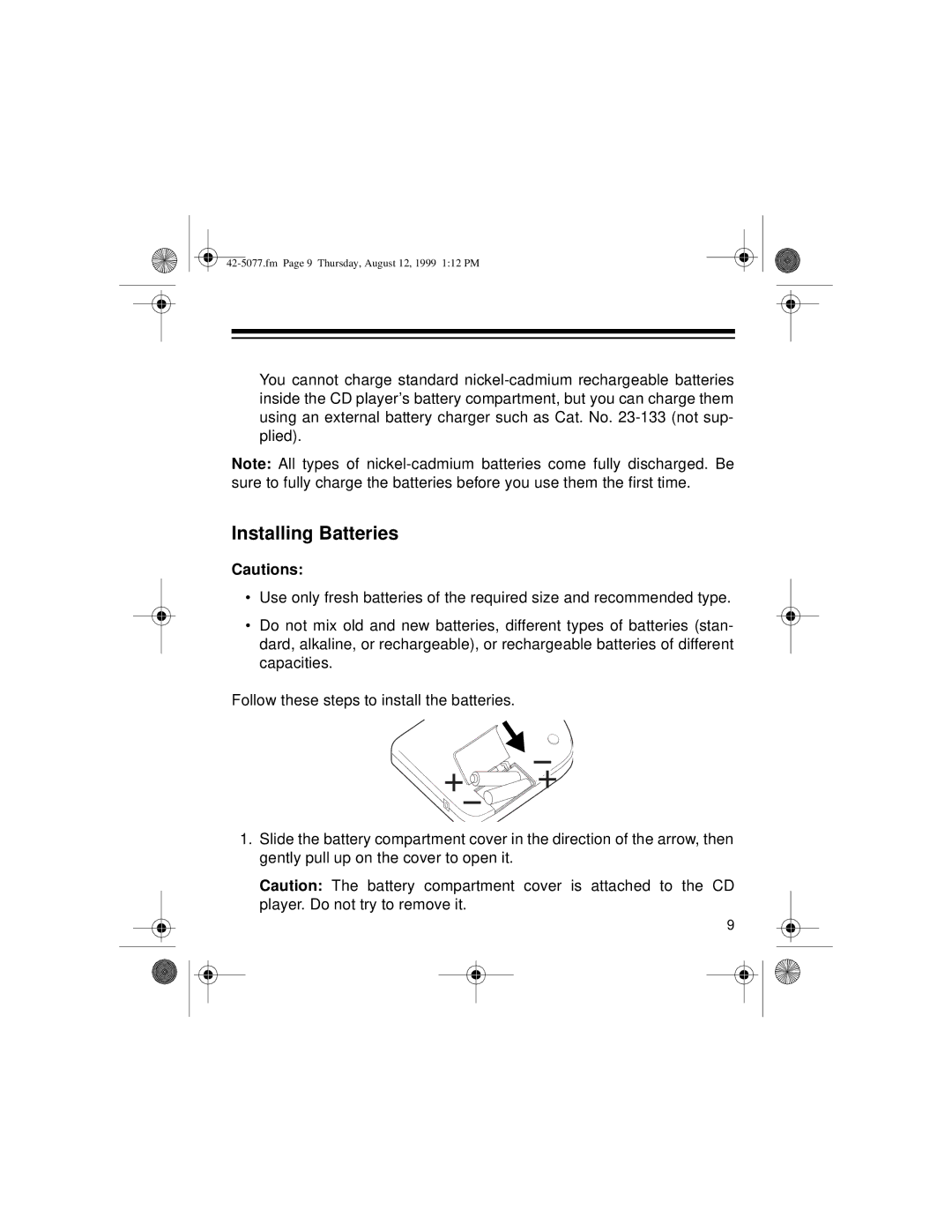 Optimus CD-3720 owner manual Installing Batteries 