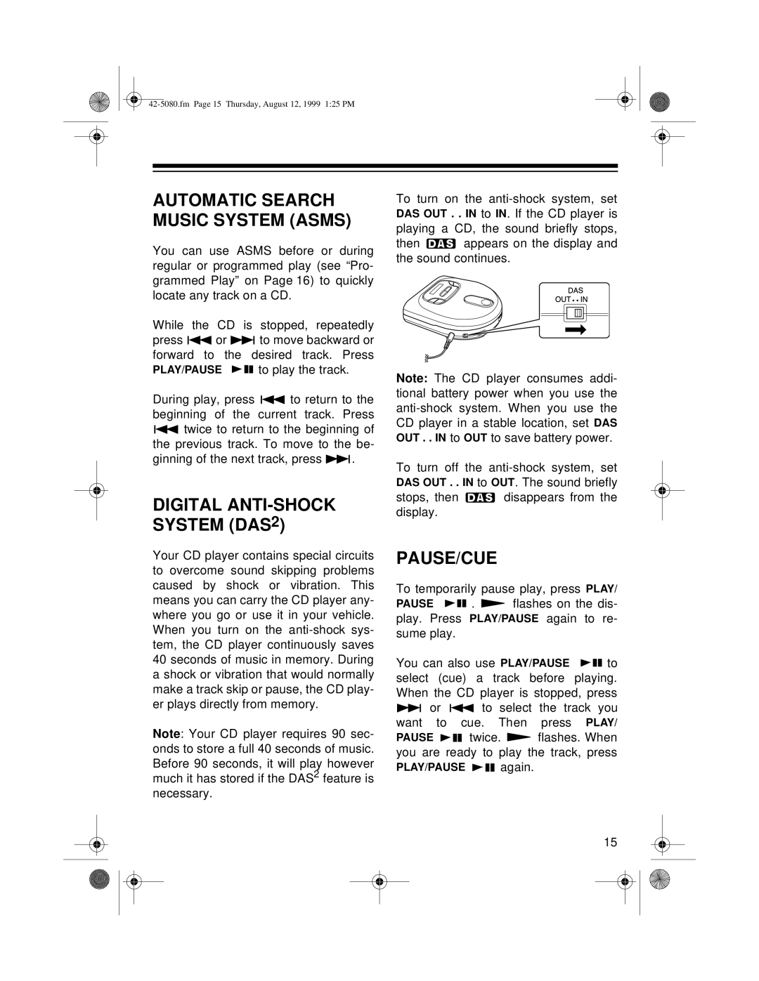 Optimus CD-3790 owner manual Digital ANTI-SHOCK System DAS2, Pause/Cue 