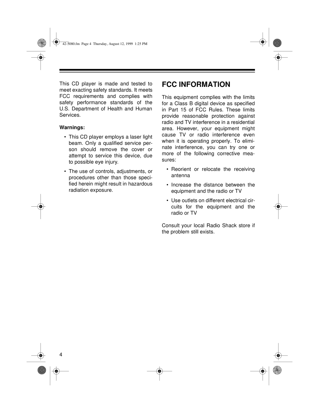 Optimus CD-3790 owner manual FCC Information 