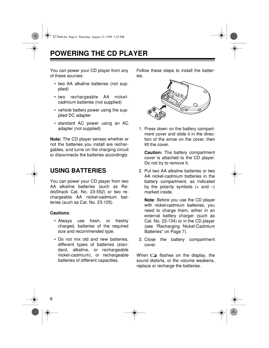 Optimus CD-3790 owner manual Powering the CD Player, Using Batteries 