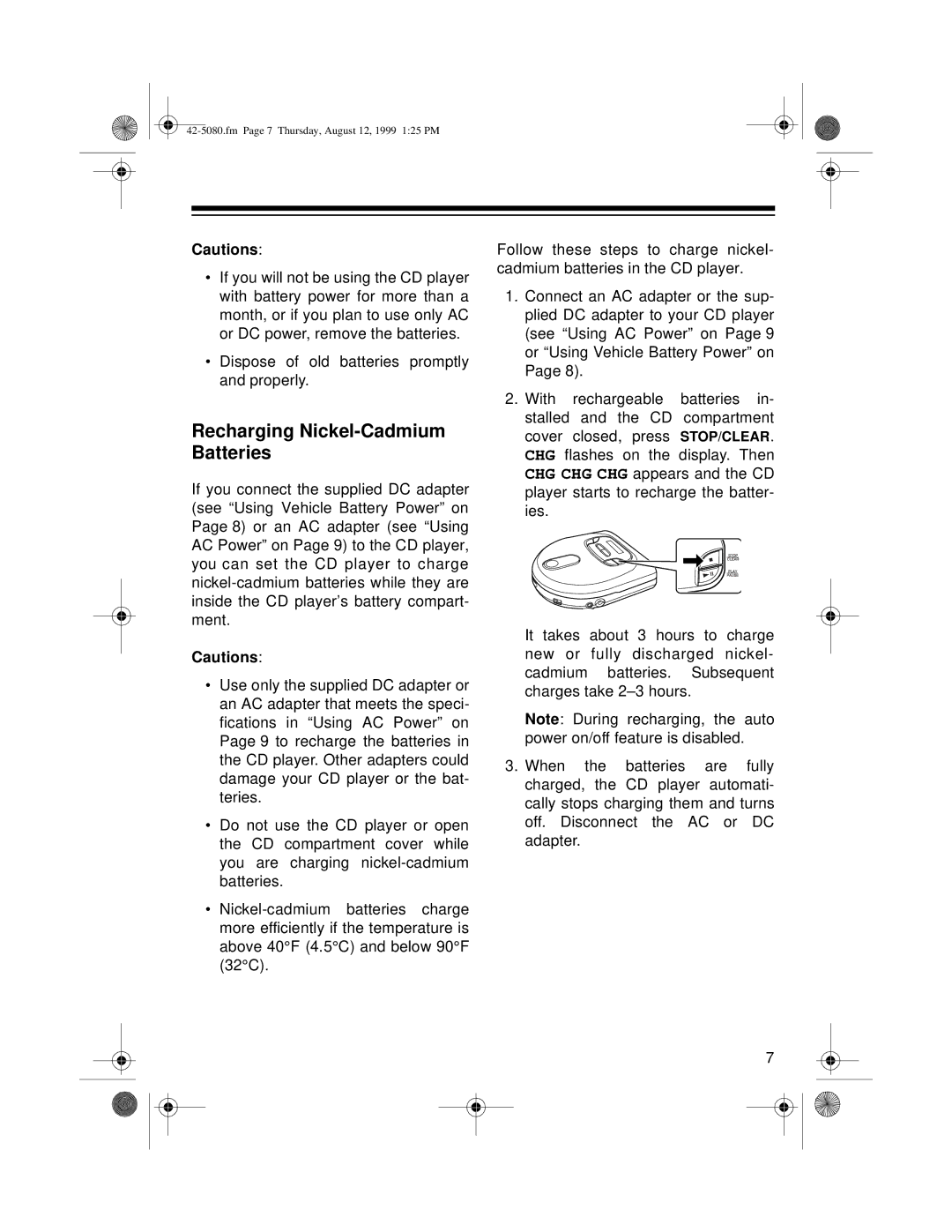 Optimus CD-3790 owner manual Recharging Nickel-Cadmium Batteries 