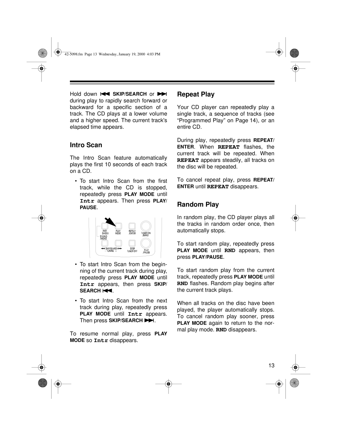 Optimus CD-3840 owner manual Intro Scan, Repeat Play, Random Play 