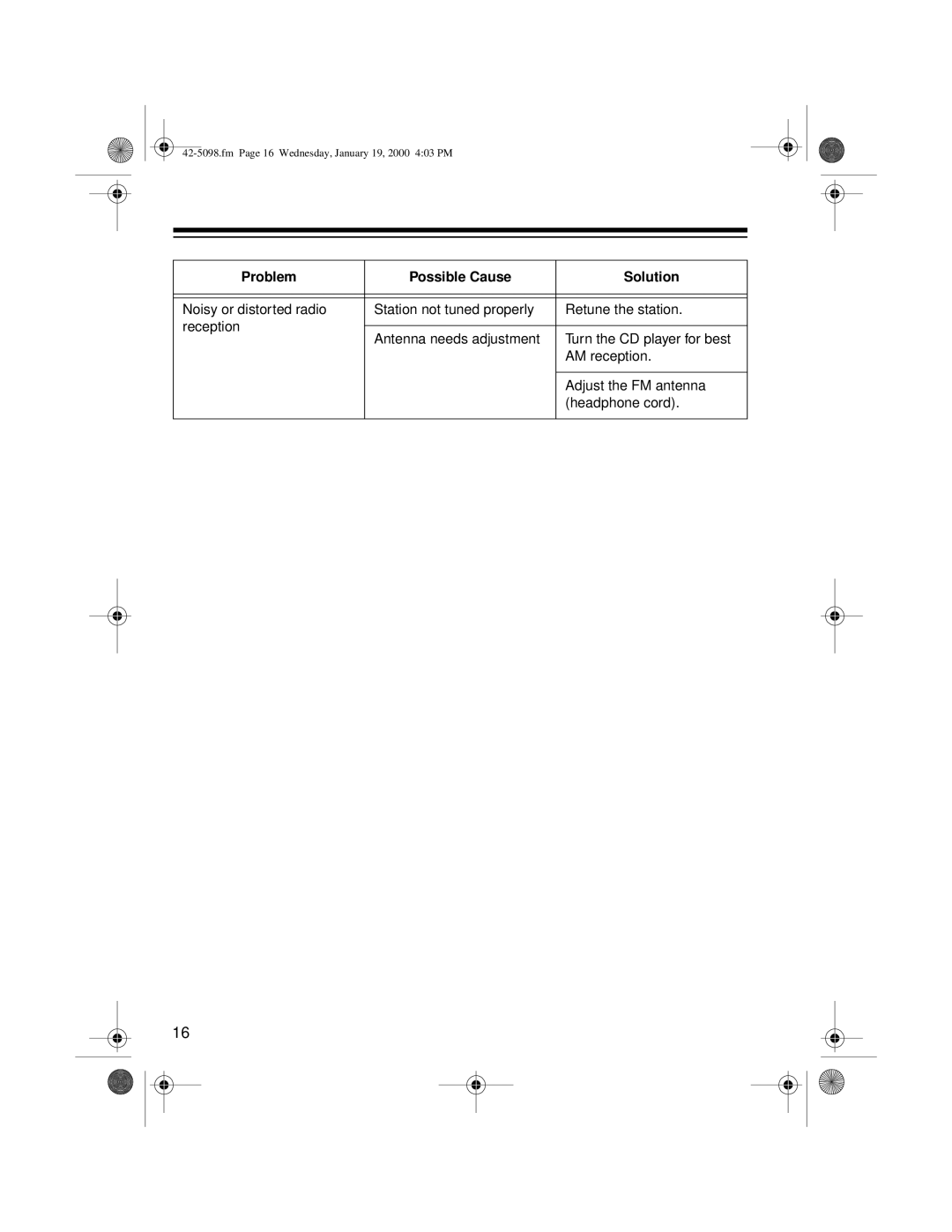 Optimus CD-3840 owner manual Fm Page 16 Wednesday, January 19, 2000 403 PM 