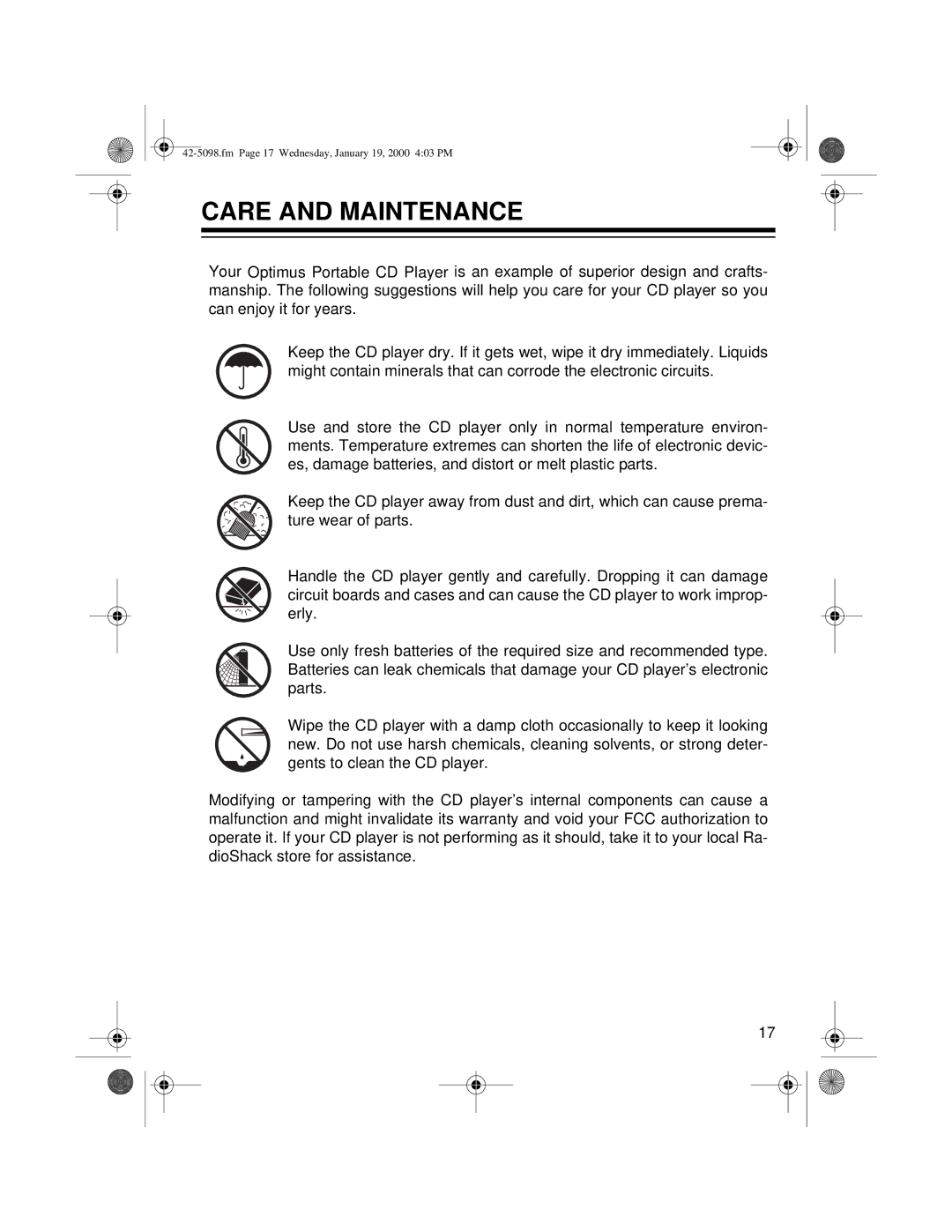 Optimus CD-3840 owner manual Care and Maintenance 