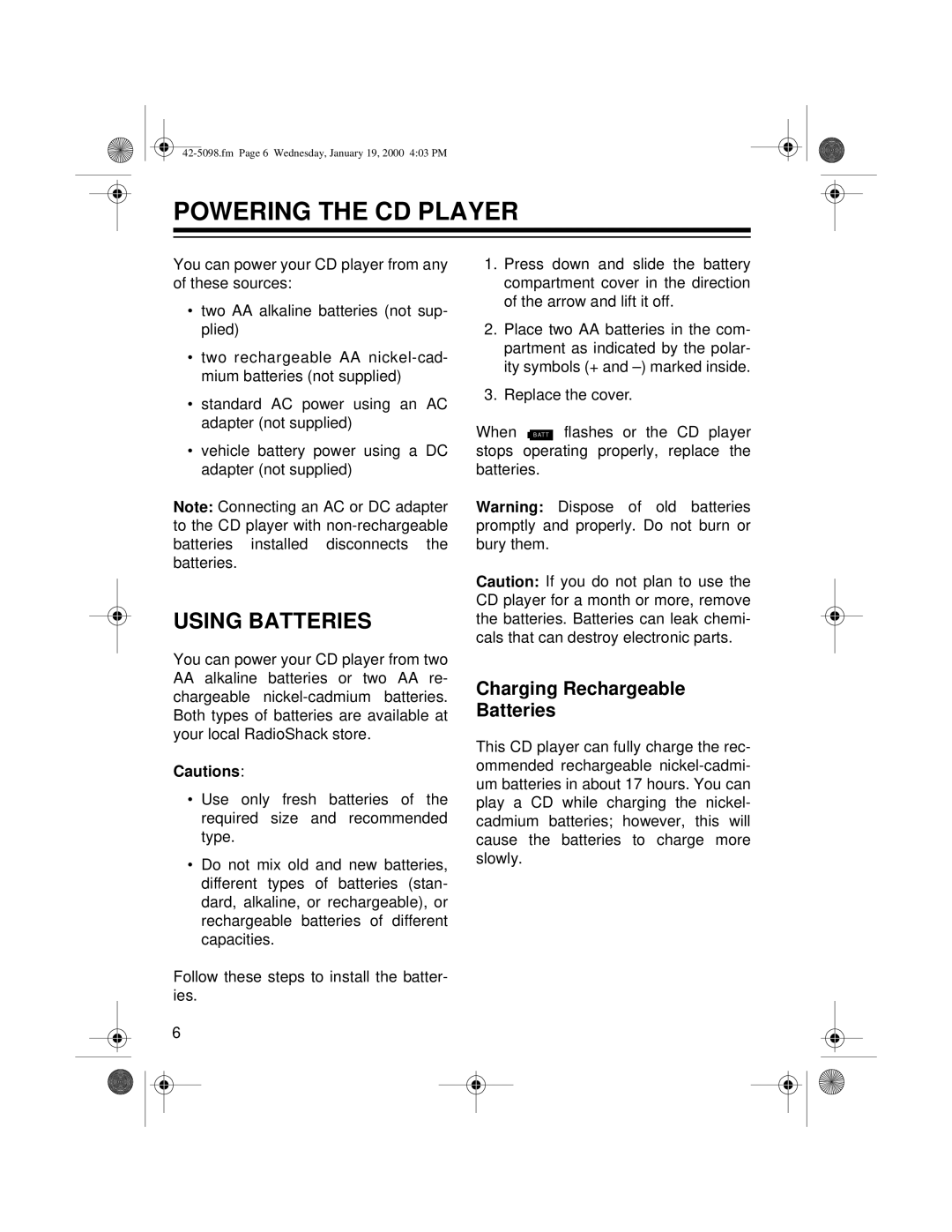 Optimus CD-3840 owner manual Powering the CD Player, Using Batteries, Charging Rechargeable Batteries 