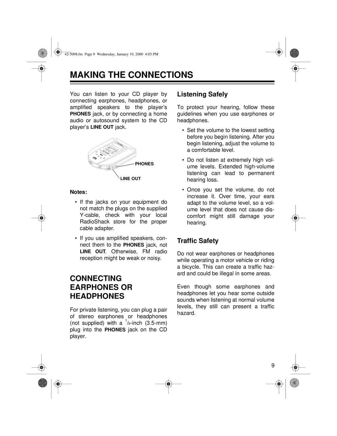 Optimus CD-3840 owner manual Making the Connections, Connecting Earphones or Headphones, Listening Safely, Traffic Safety 