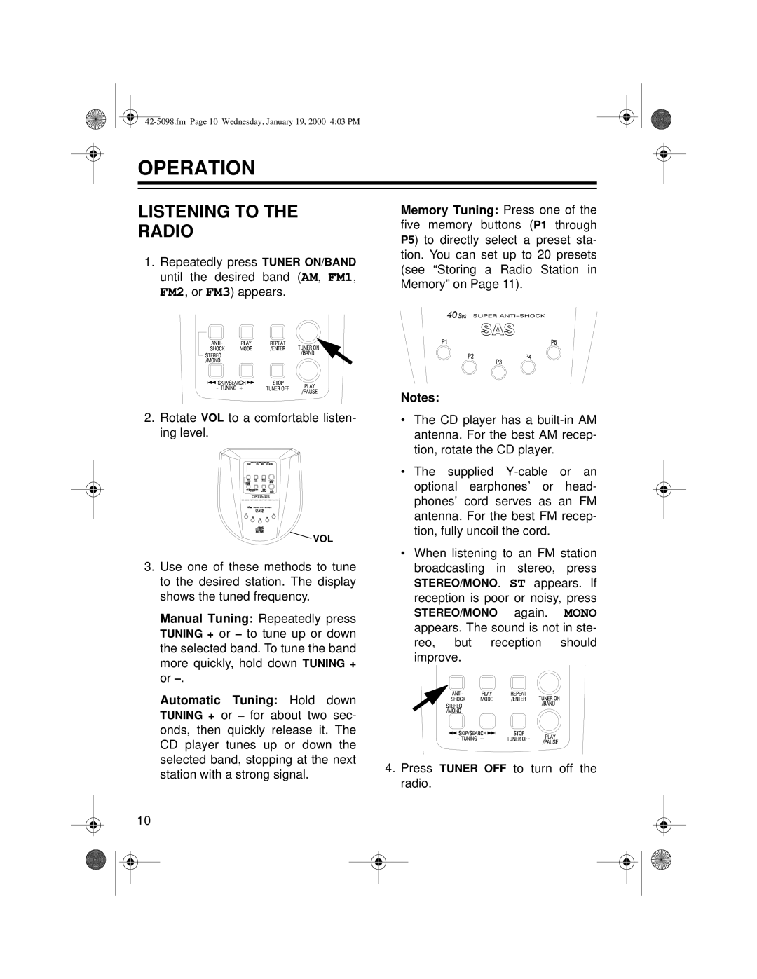 Optimus CD-3840 owner manual Operation, Listening to Radio 