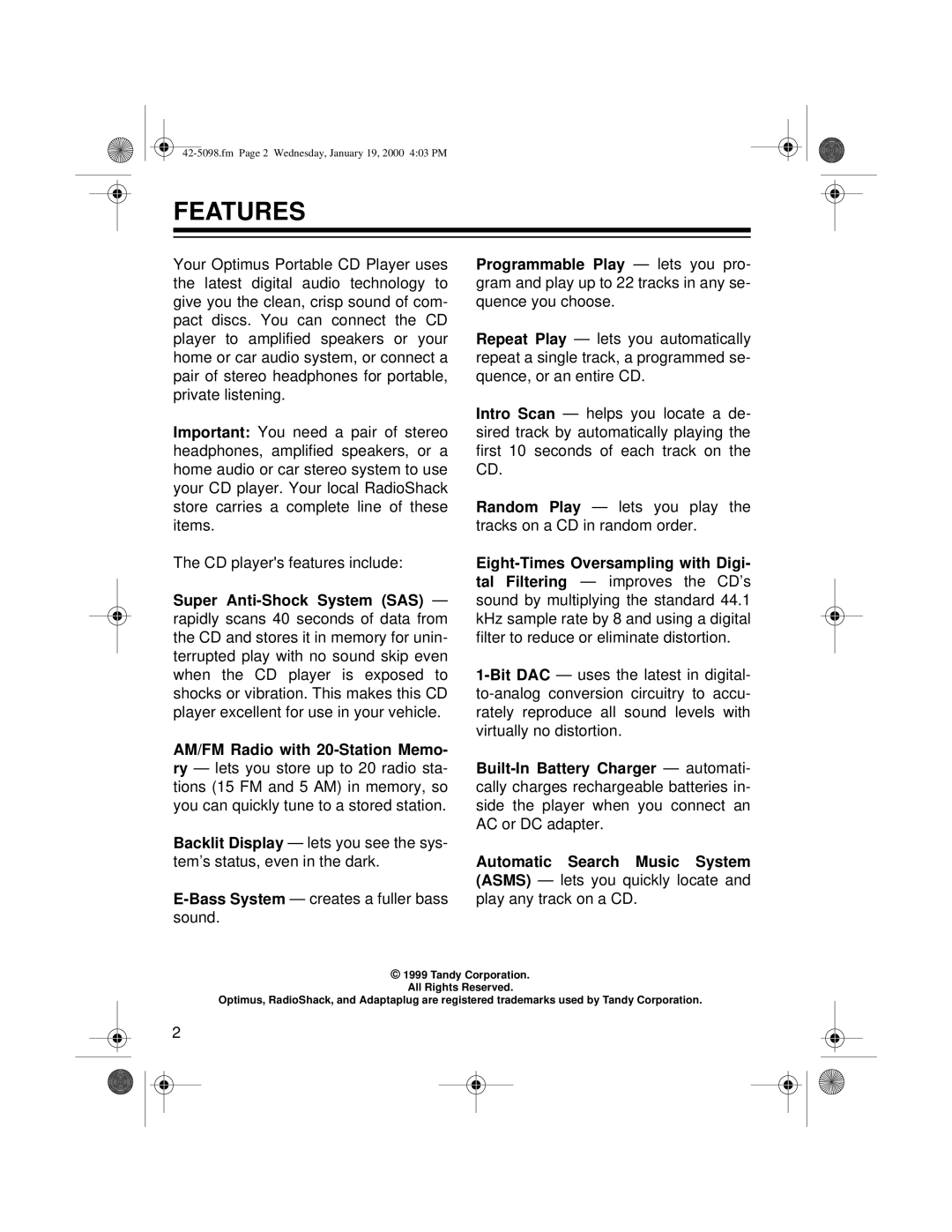 Optimus CD-3840 owner manual Features 