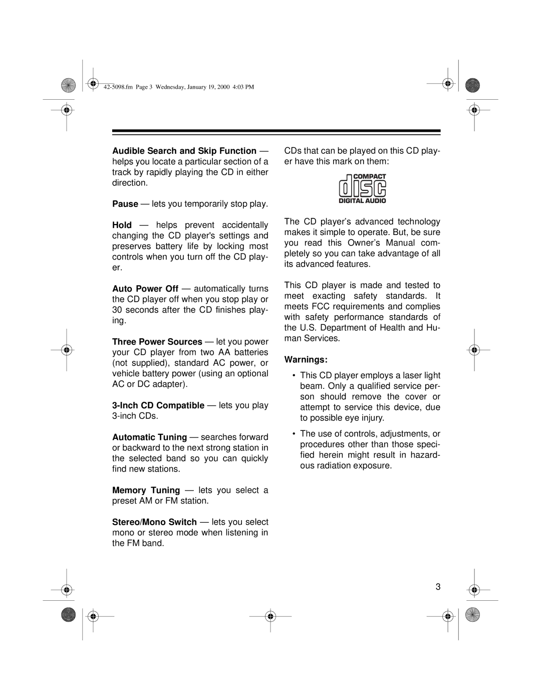 Optimus CD-3840 owner manual Fm Page 3 Wednesday, January 19, 2000 403 PM 