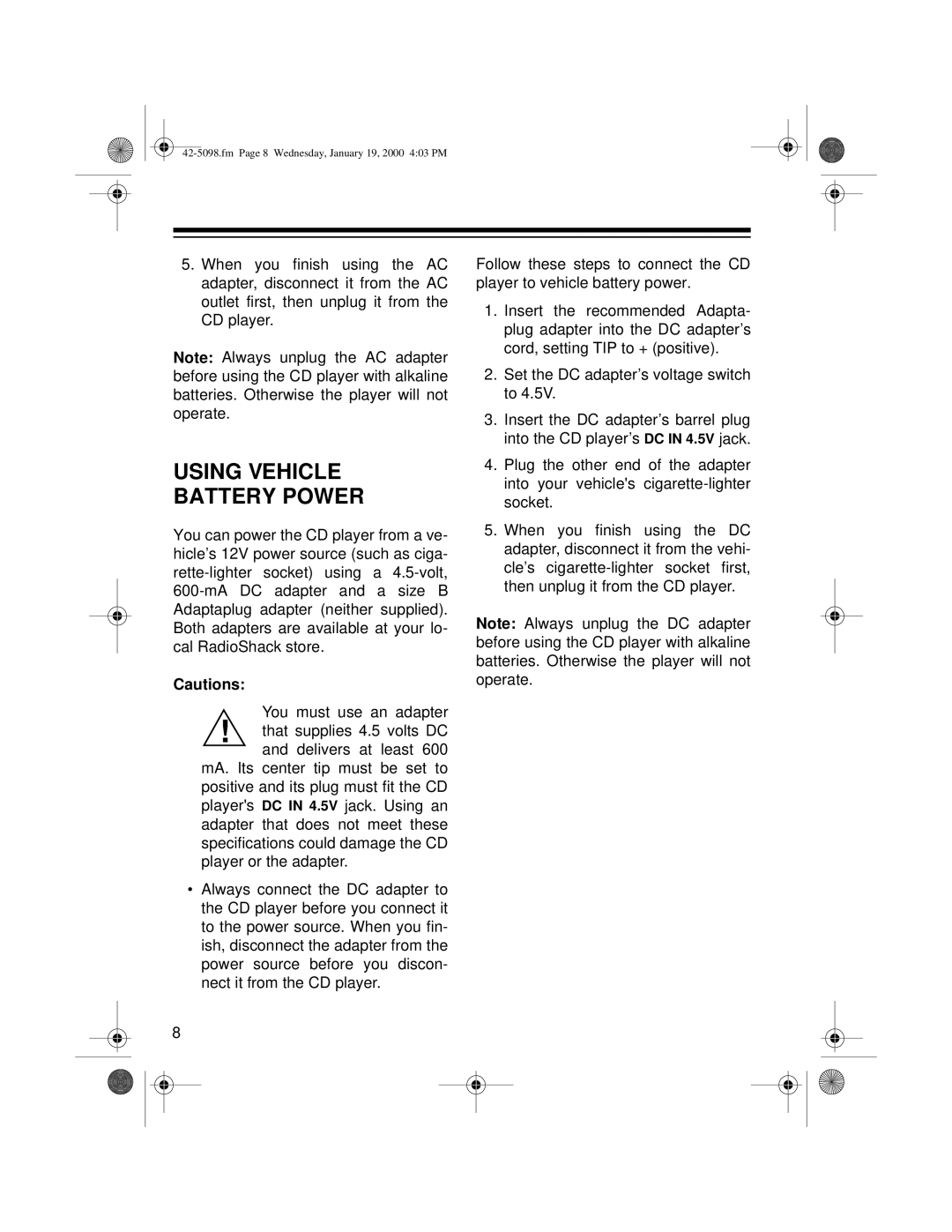 Optimus CD-3840 owner manual Using Vehicle Battery Power 