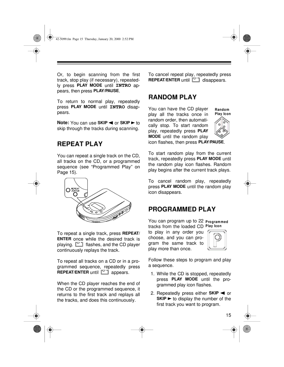 Optimus CD-3860 owner manual Repeat Play, Random Play, Programmed Play 