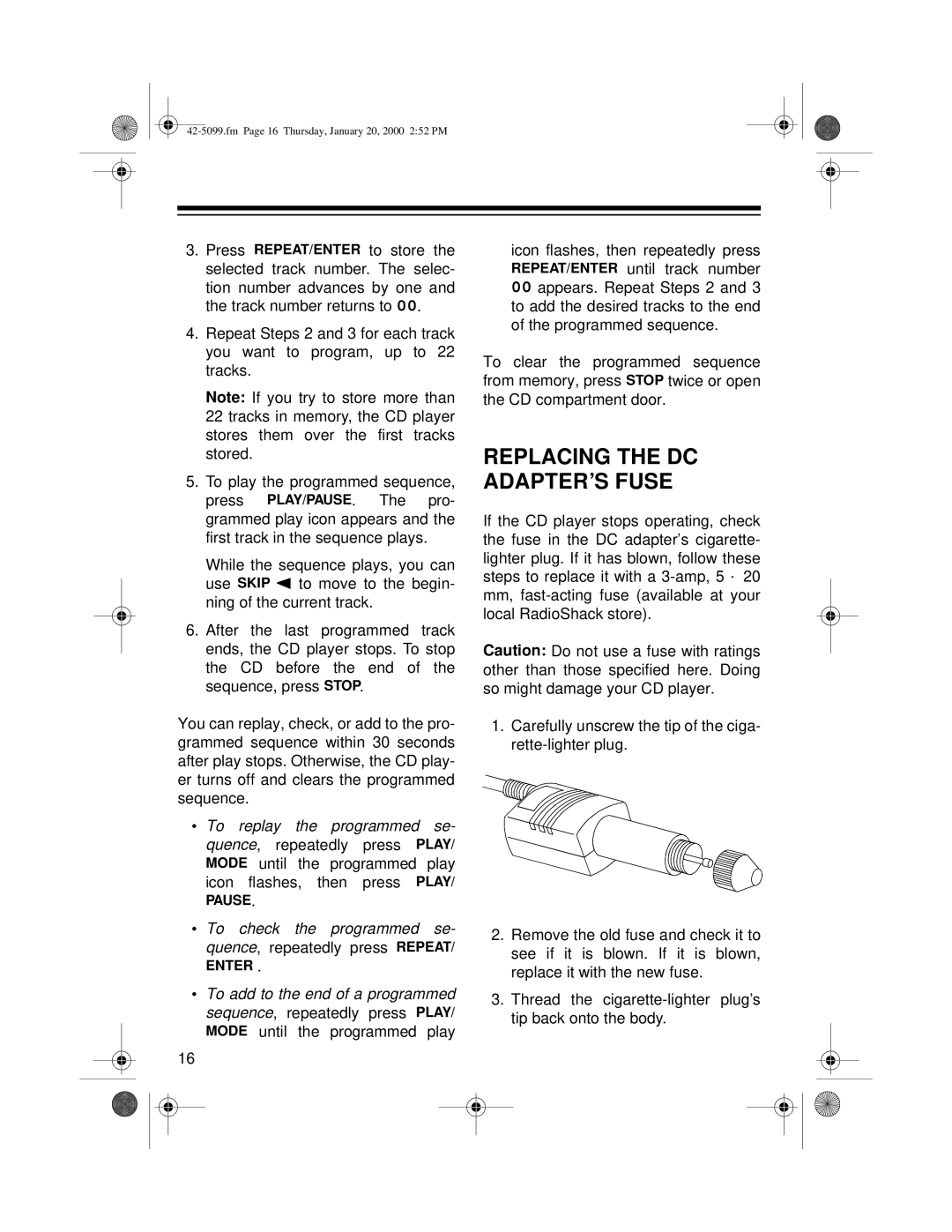 Optimus CD-3860 owner manual Replacing the DC ADAPTER’S Fuse 