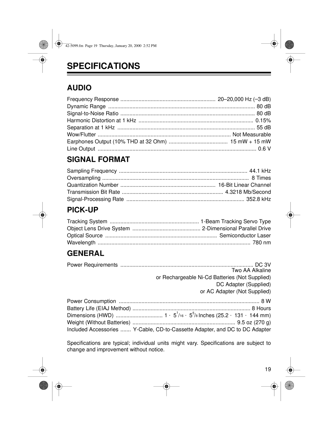 Optimus CD-3860 owner manual Specifications, Audio, Signal Format, Pick-Up, General 