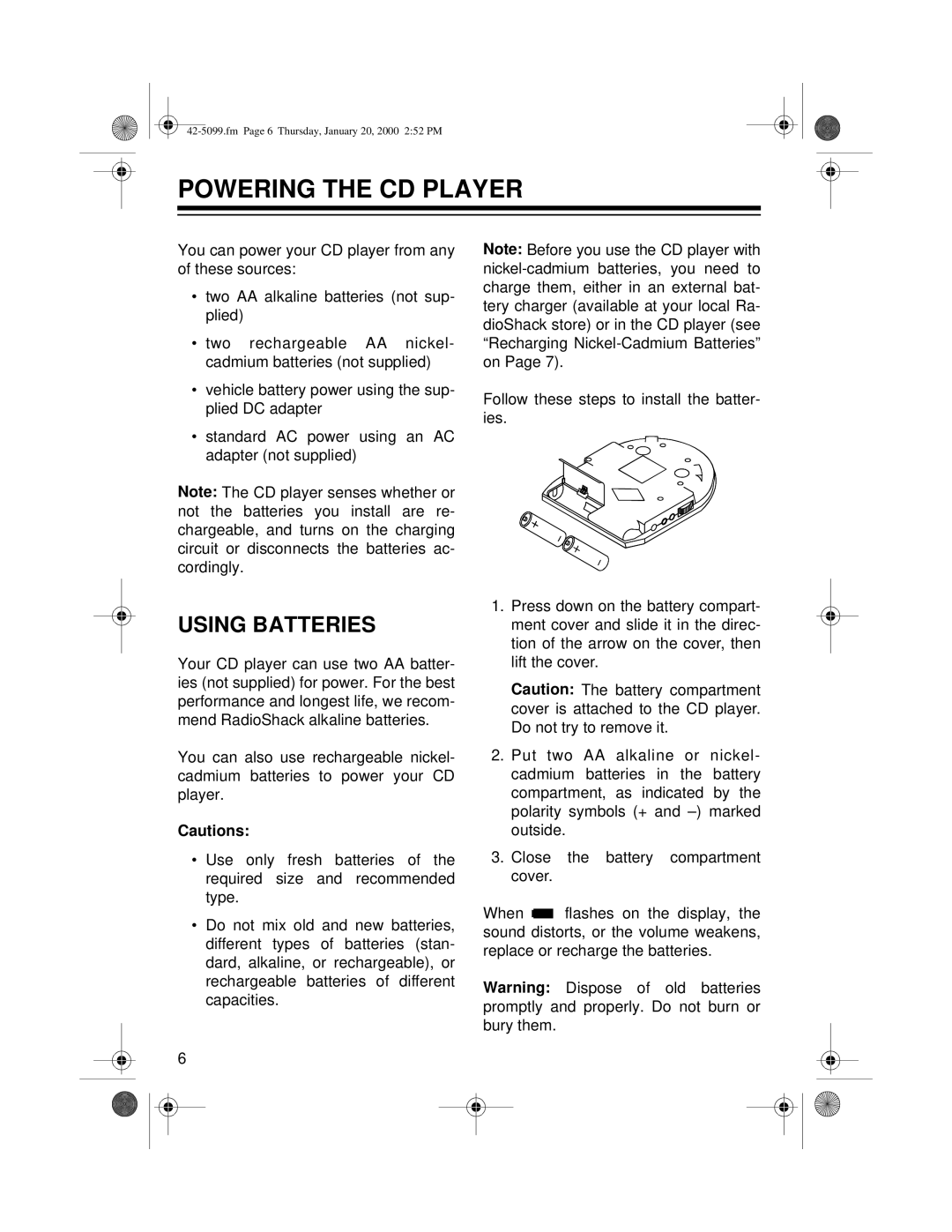 Optimus CD-3860 owner manual Powering the CD Player, Using Batteries 