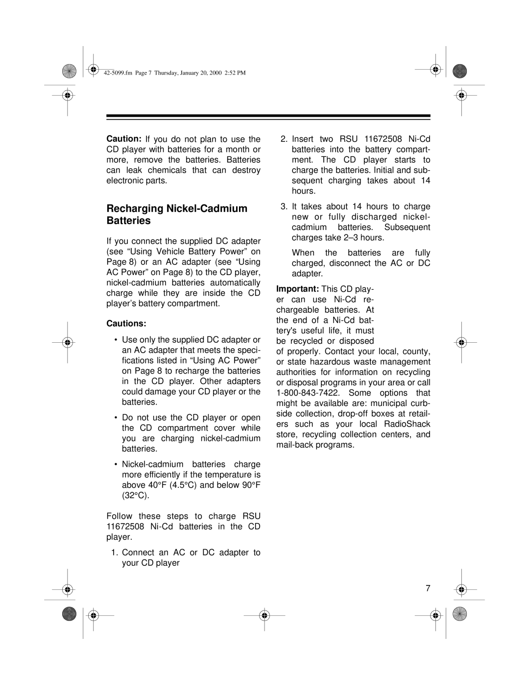 Optimus CD-3860 owner manual Recharging Nickel-Cadmium Batteries 