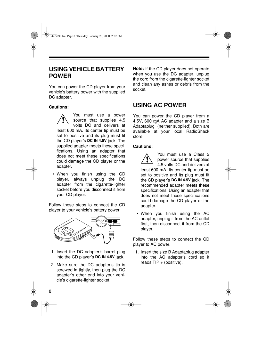 Optimus CD-3860 owner manual Using Vehicle Battery Power, Using AC Power 