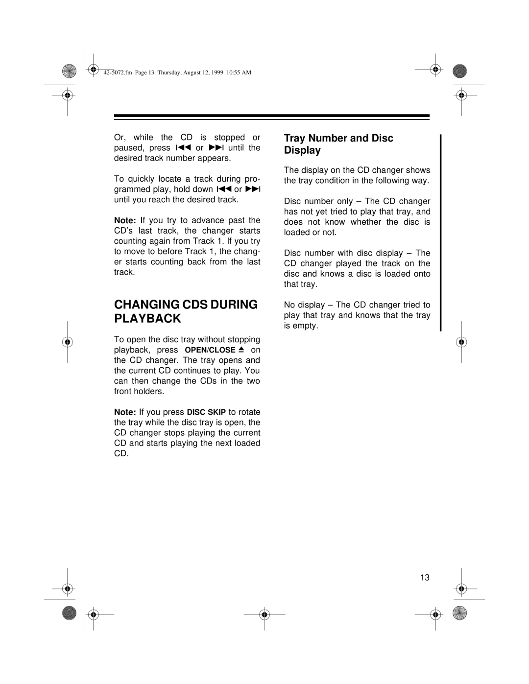 Optimus CD-8250 owner manual Changing CDS During Playback, Tray Number and Disc Display 