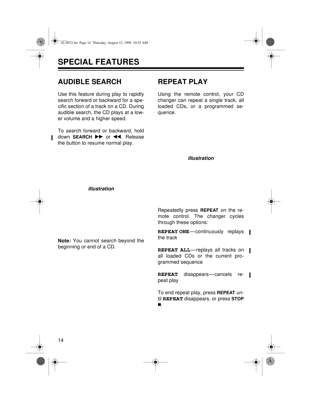 Optimus CD-8250 owner manual Special Features, Audible Search, Repeat Play 