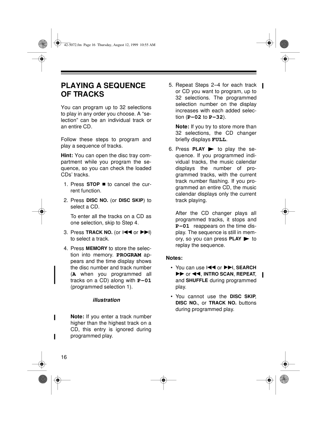 Optimus CD-8250 owner manual Playing a Sequence of Tracks, You cannot use the Disc Skip 