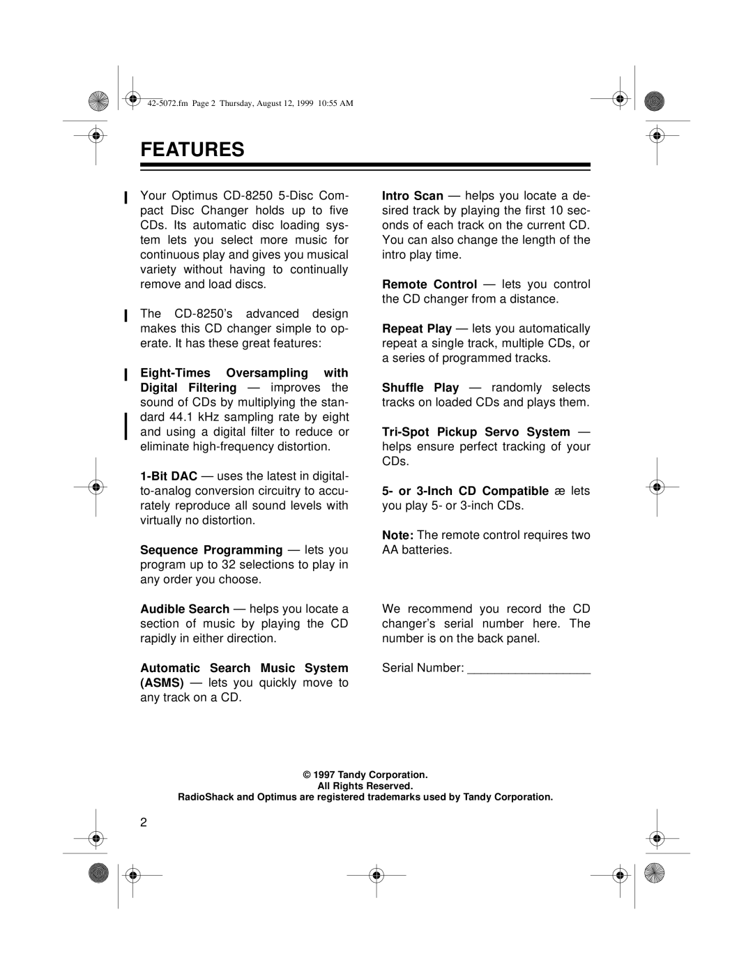 Optimus CD-8250 owner manual Features 