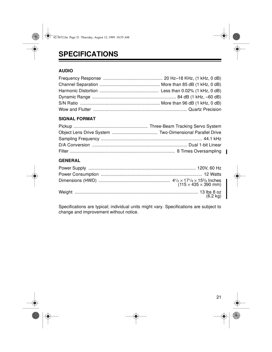 Optimus CD-8250 owner manual Specifications, Audio 