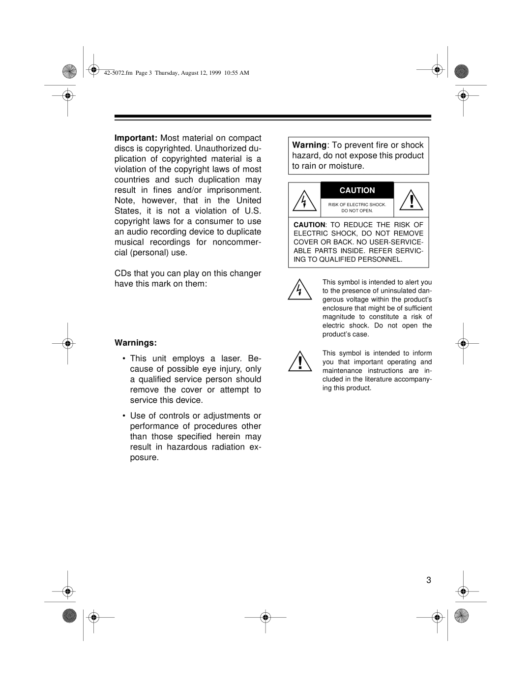 Optimus CD-8250 owner manual Fm Page 3 Thursday, August 12, 1999 1055 AM 