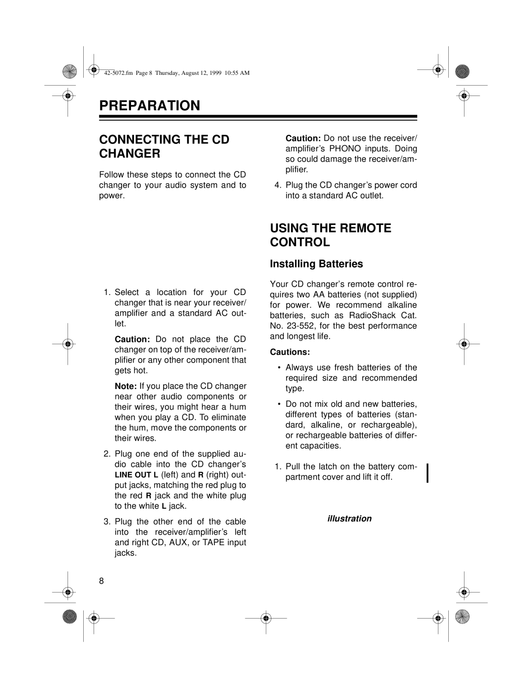 Optimus CD-8250 owner manual Preparation, Connecting the CD Changer, Using the Remote Control, Installing Batteries 