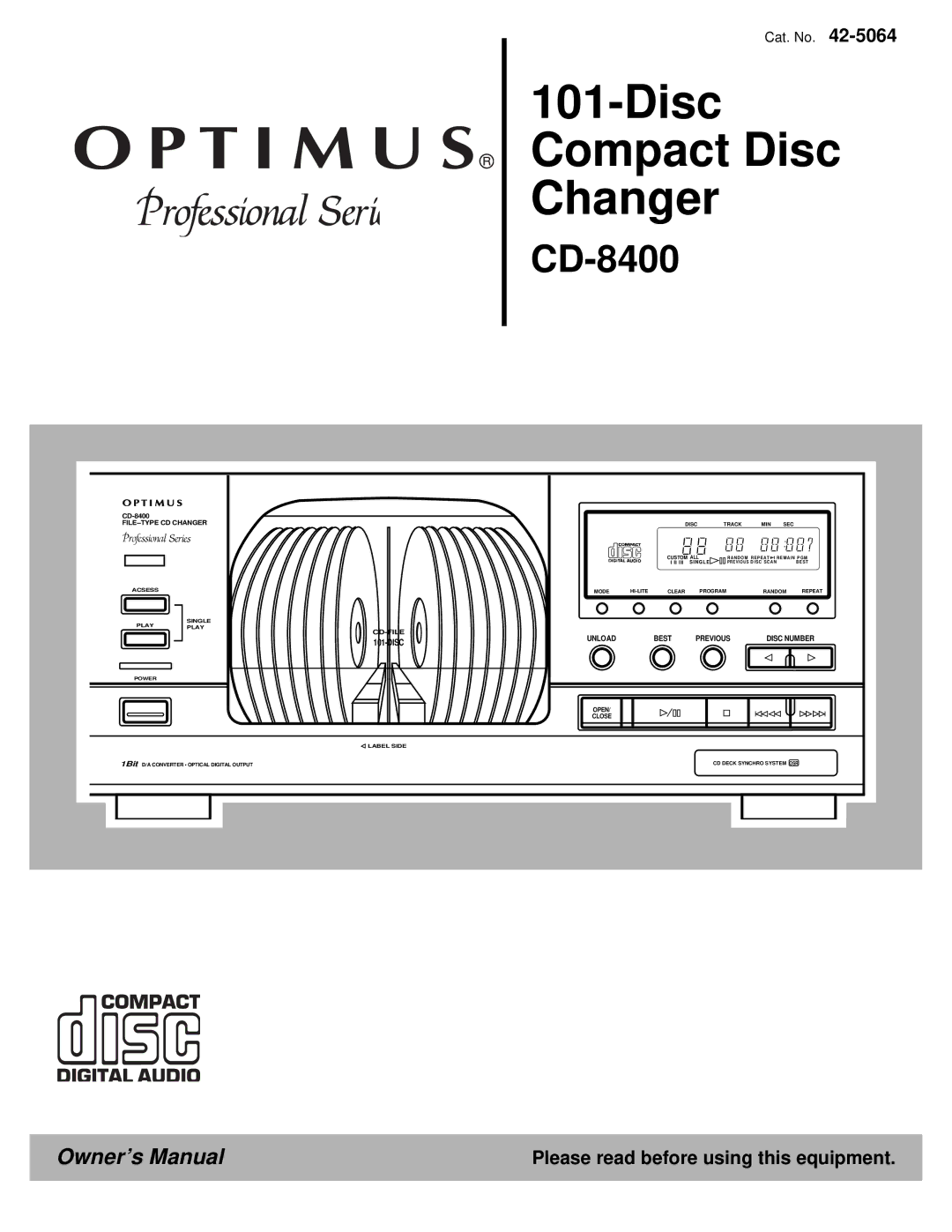 Optimus CD-8400 owner manual Disc Compact Disc Changer, Please read before using this equipment 