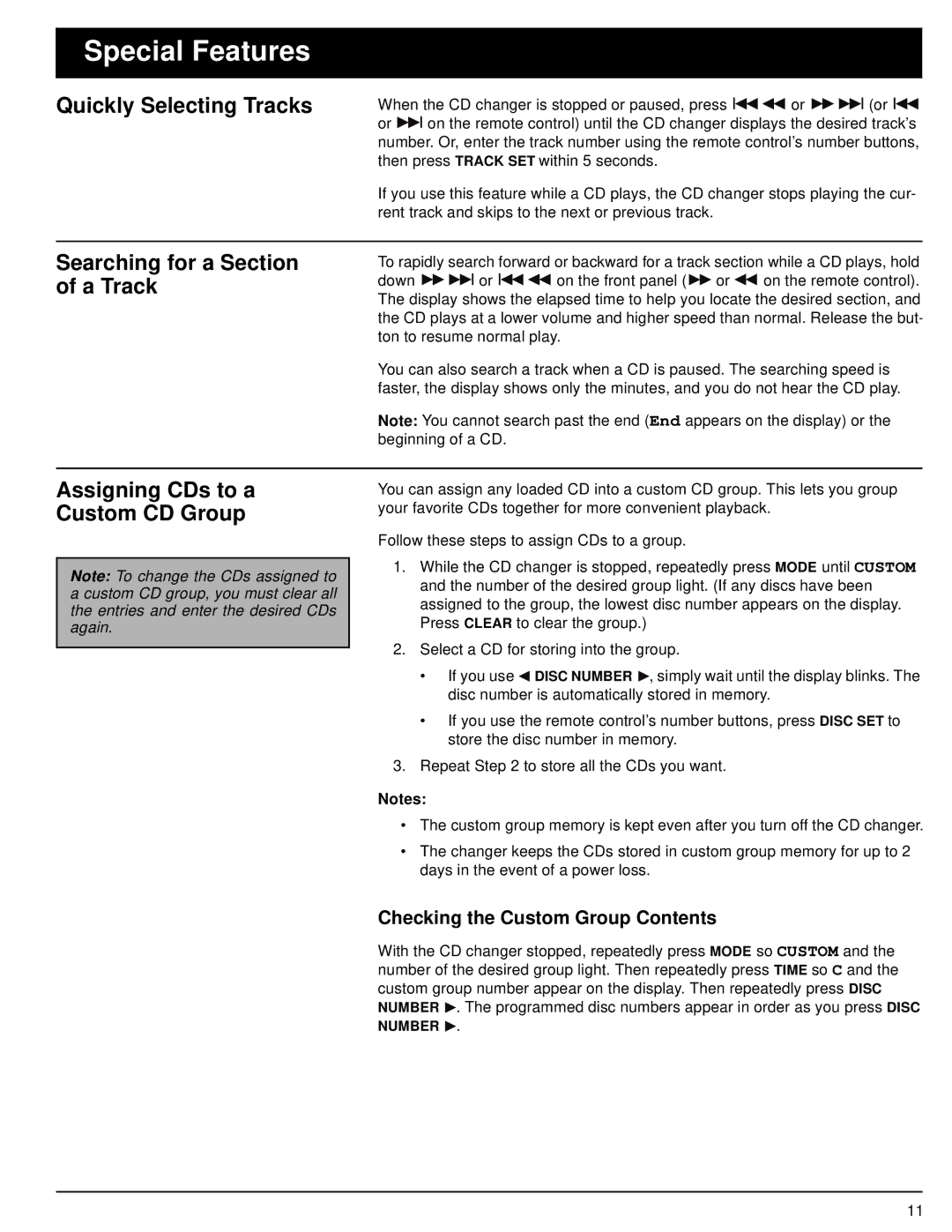 Optimus CD-8400 owner manual Special Features, Quickly Selecting Tracks, Searching for a Section of a Track 