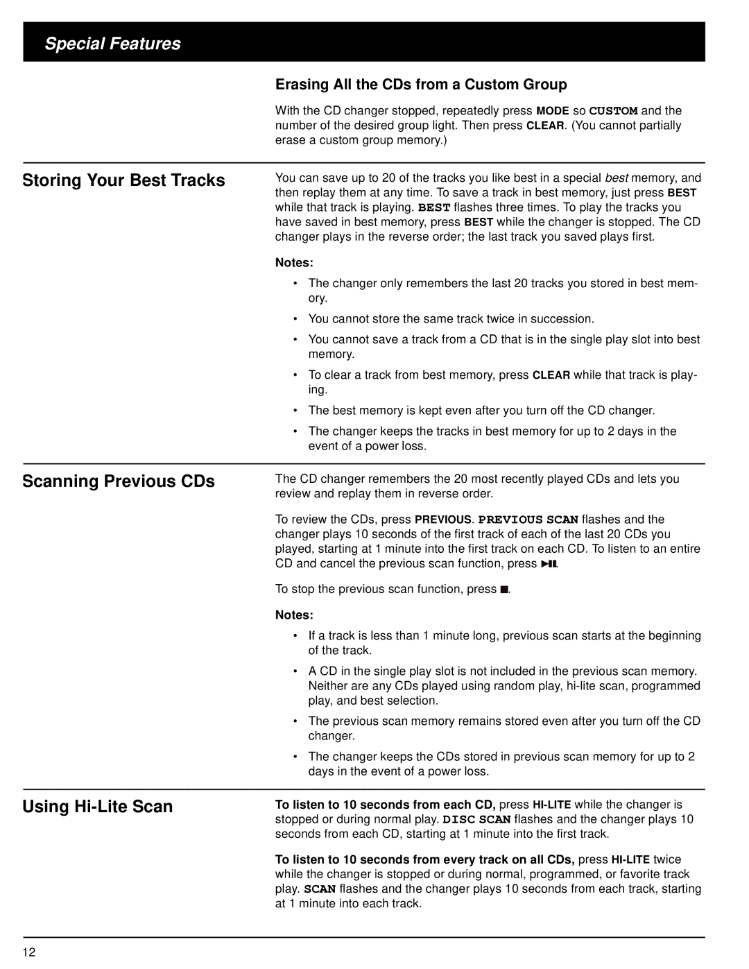 Optimus CD-8400 owner manual Special Features, Storing Your Best Tracks, Scanning Previous CDs, Using Hi-Lite Scan 