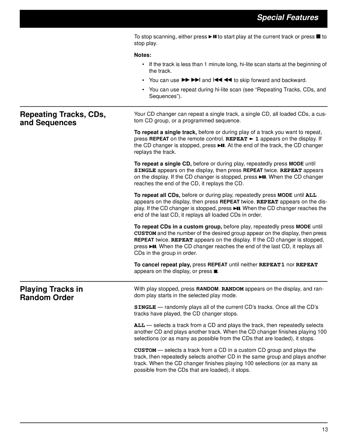 Optimus CD-8400 owner manual Repeating Tracks, CDs, and Sequences, Playing Tracks in Random Order 