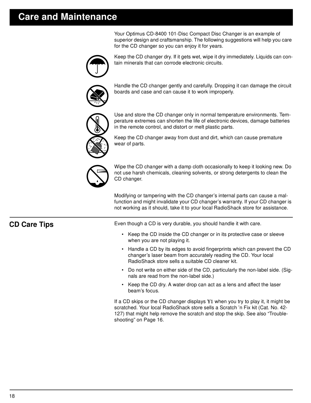 Optimus CD-8400 owner manual Care and Maintenance, CD Care Tips 