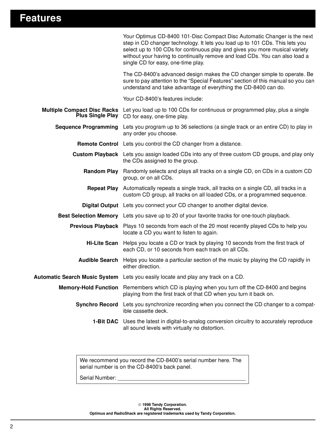 Optimus CD-8400 owner manual Features 