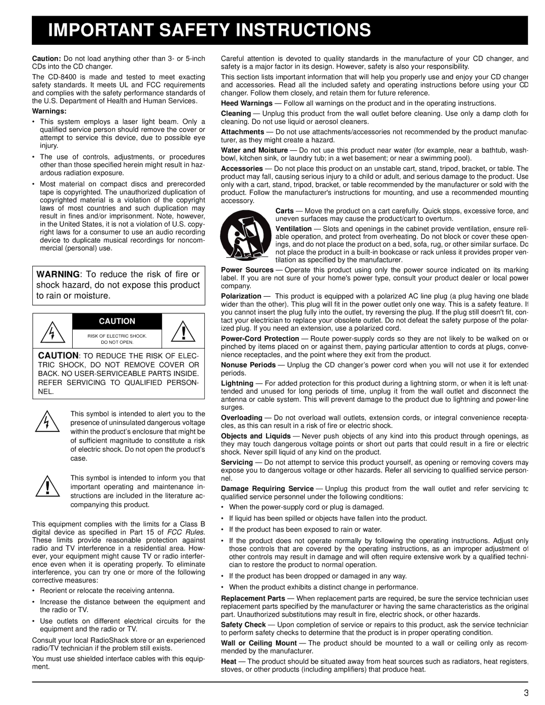 Optimus CD-8400 owner manual Important Safety Instructions 