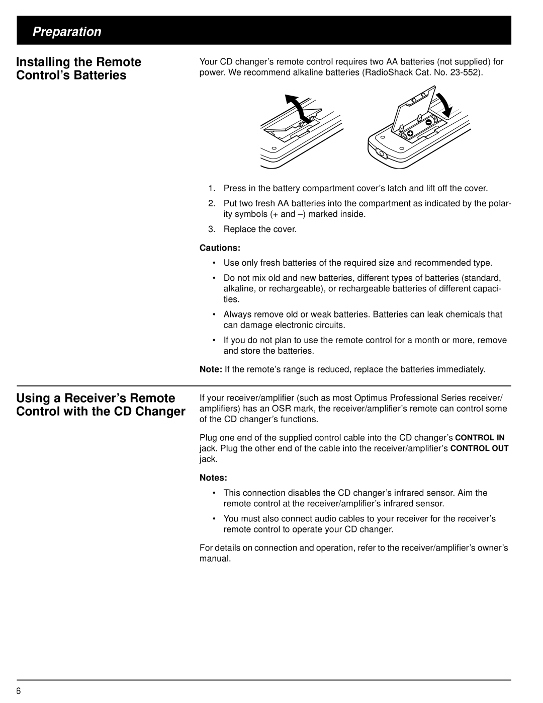 Optimus CD-8400 owner manual Preparation, Installing the Remote Control’s Batteries 