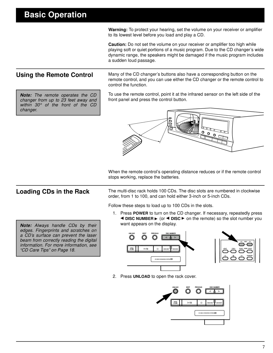 Optimus CD-8400 owner manual Basic Operation, Using the Remote Control, Loading CDs in the Rack 