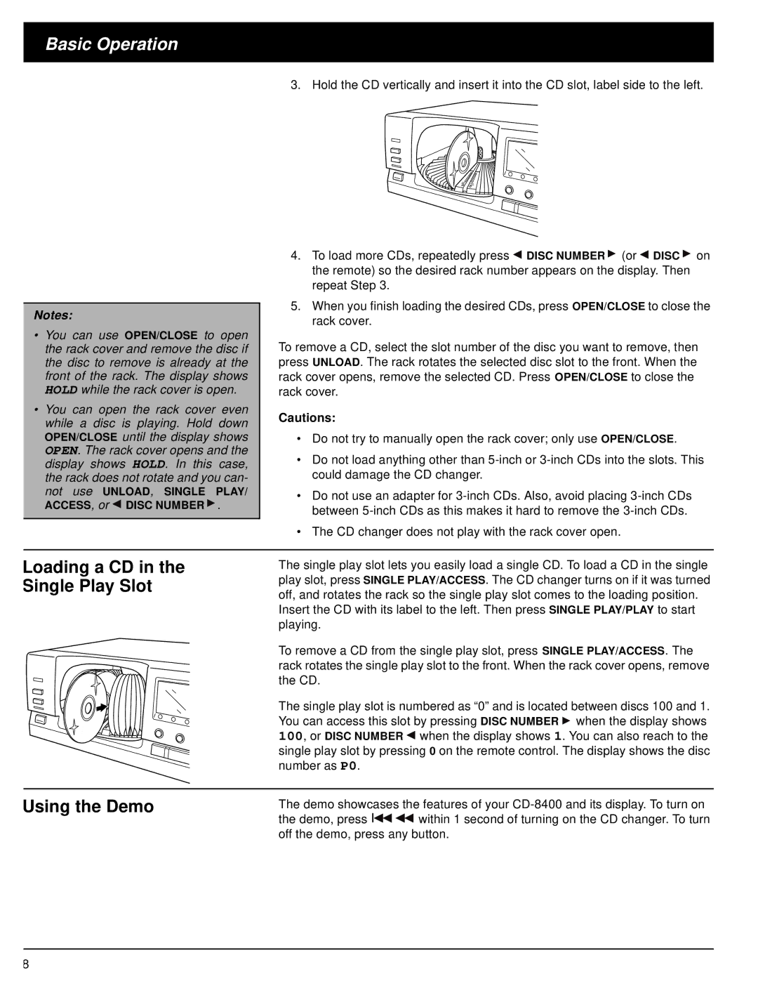 Optimus CD-8400 owner manual Basic Operation, Loading a CD in the Single Play Slot, Using the Demo 