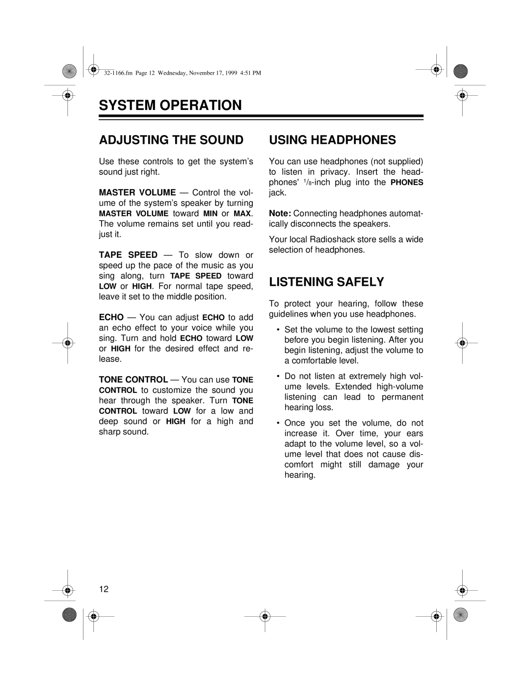 Optimus CDG owner manual System Operation, Adjusting the Sound, Using Headphones, Listening Safely 