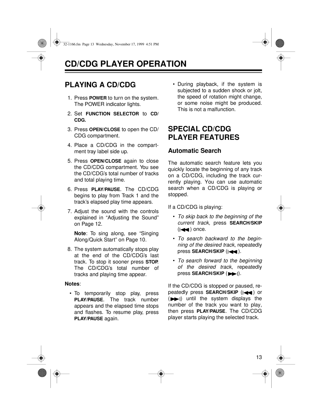 Optimus owner manual CD/CDG Player Operation, Playing a CD/CDG, Special CD/CDG Player Features, Automatic Search 